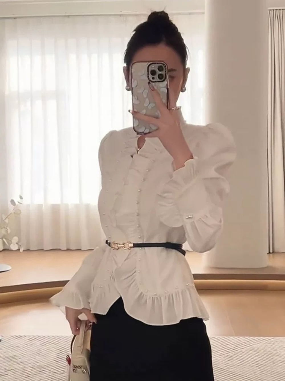 Elegant White Ruffle Button-Front Blouse with Puff Sleeves
